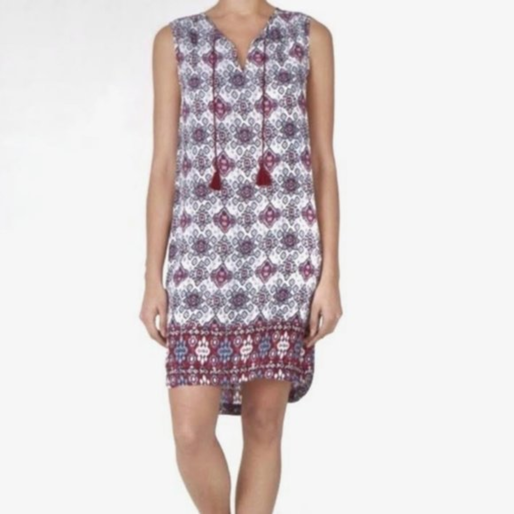 Beach Lunch Lounge Shift Dress Small Sleeveless Tassel Batik print‎